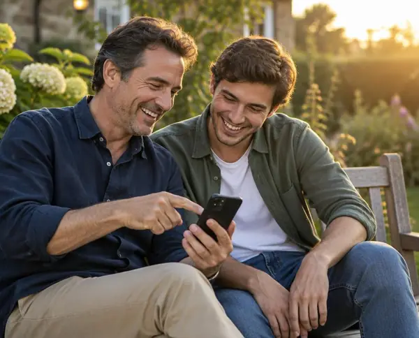 Father and adult son looking at a phone together and laughing