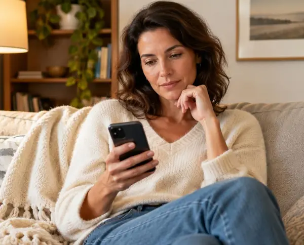 Woman thoughtfully reading a message on her phone at home