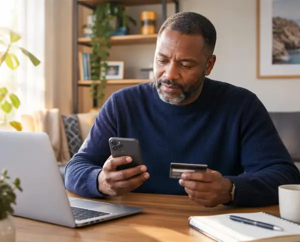 Man checking his phone carefully while holding a bank card