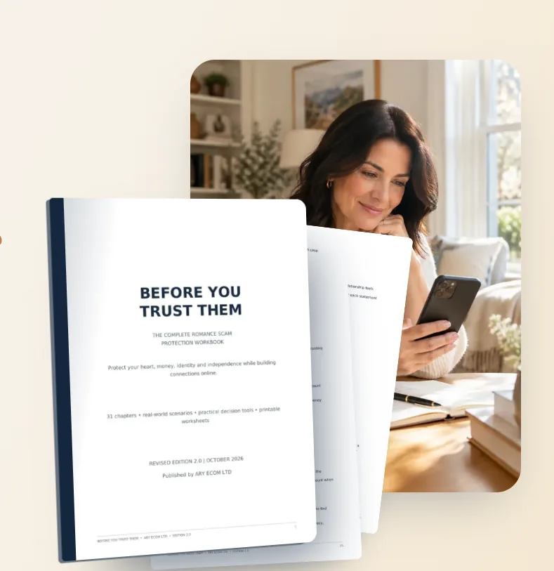 The Before You Trust Them workbook cover beside a woman in her forties smiling at her phone